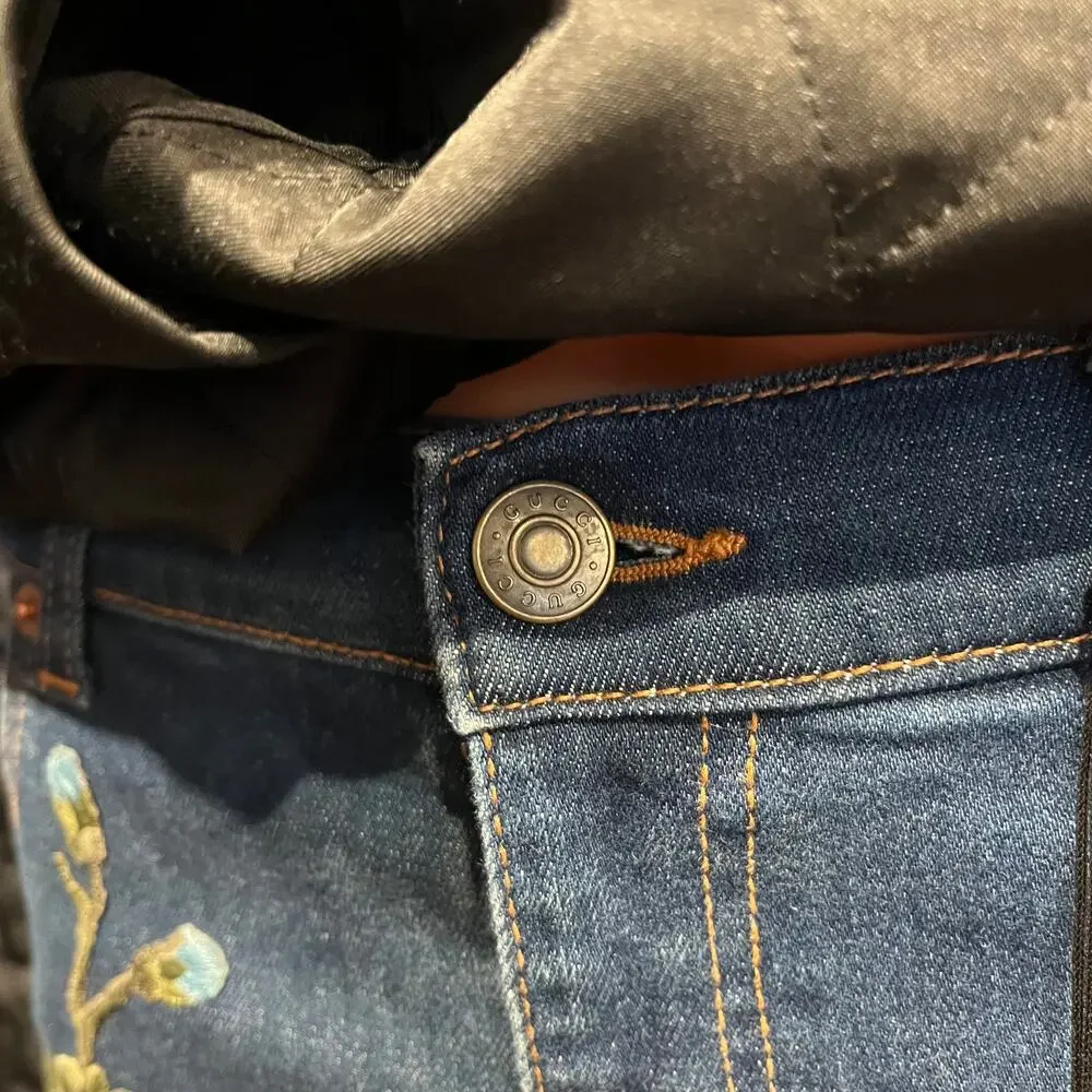 GUCCI Blue Floral Embroidered Mid-Rise Skinny Jeans SZ29